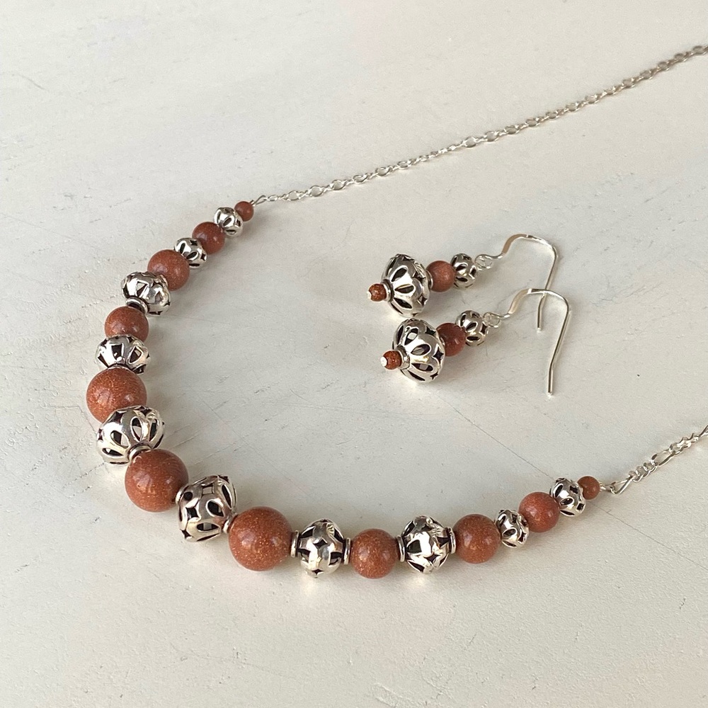 Handcrafted Goldstone and Sterling Silver Adjustable Necklace and Earrings Set